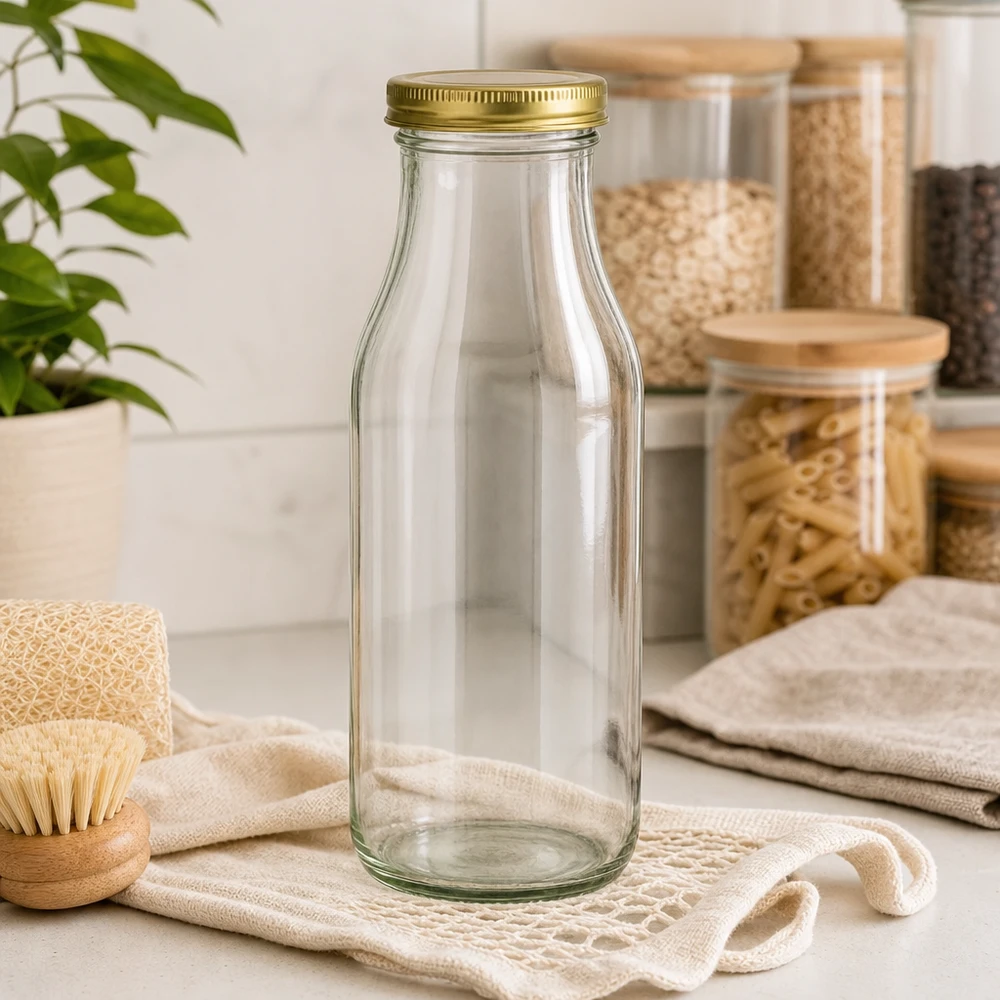 UNiTWIST Bottle263 bottiglia in vetro con coperchio dorato TO43 BioSeal in cucina sostenibile a rifiuti zero con vasetti di stoccaggio