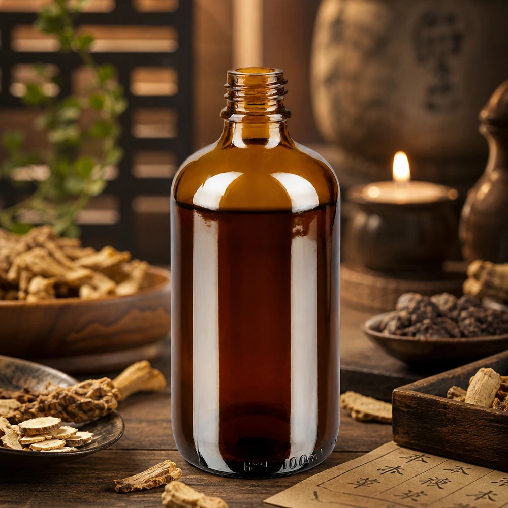 Flacon à pharmacie marron 100ml ApoGlas Bouteille de pharmacie brune de 100ml ApoGlas avec des herbes de MTC ginseng et poivre dans la pratique de la médecine asiatique
