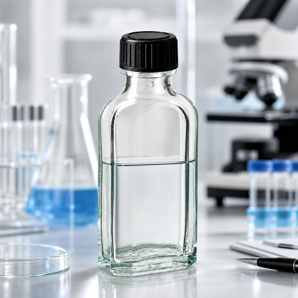 Tappo a vite trasparente Meplat da 50 ml con disco di tenuta LKD Flacone Meplat da 50 ml trasparente con guarnizione LKD in ambiente di laboratorio professionale con microscopio