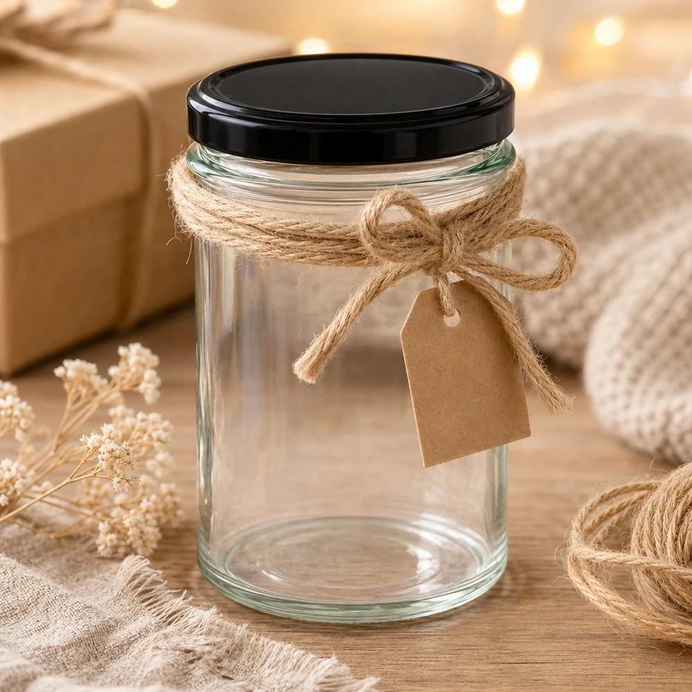 230ml Sturzglas mit BasicSeal Deckel schwarz UNiTWIST 230ml Sturzglas mit schwarzem Deckel und Juteschnur Geschenkverpackung rustikale Dekoration Bastelprojekt