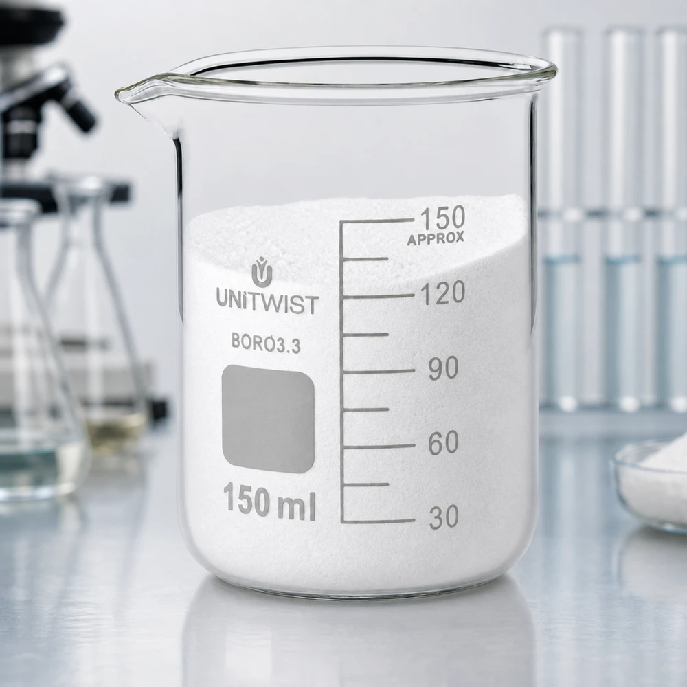 Bicchiere 150ml borosilicato, stampo basso UNiTwist Bicchiere da laboratorio UNiTwist da 150 ml in borosilicato 3.3, di forma bassa, riempito con polvere bianca in laboratorio