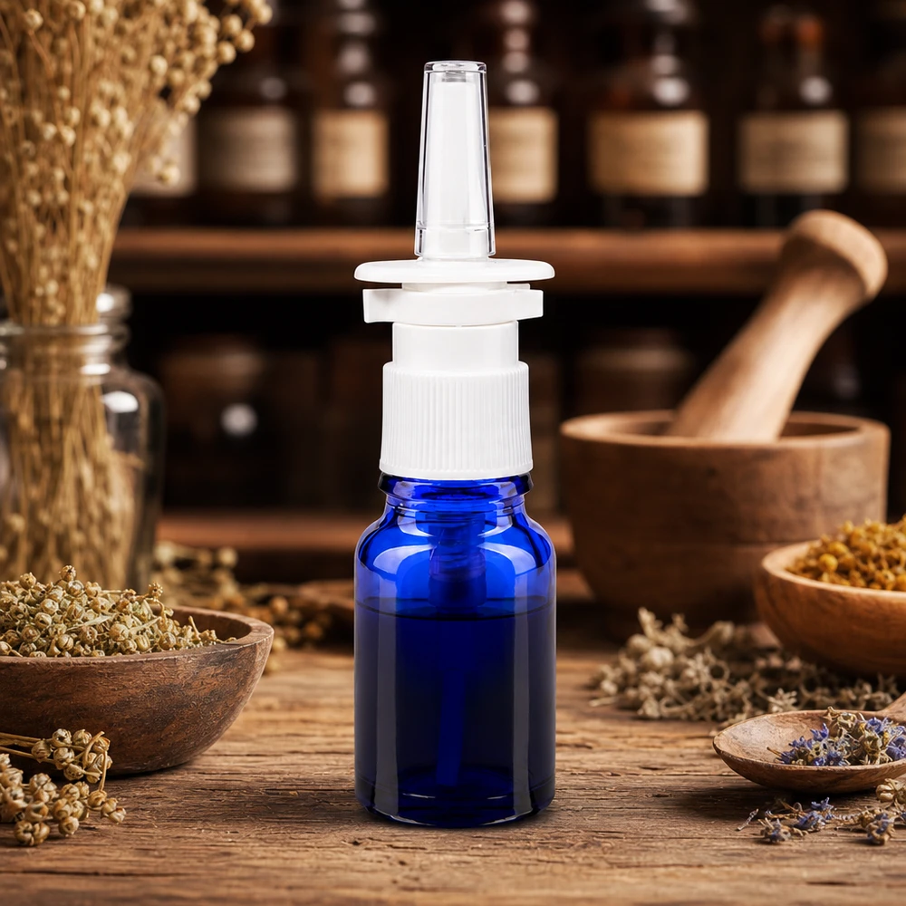 Apothekenflasche blau 10ml Nasenzerstäuber weiß Standard Wiederverwendbare 10ml Nasensprayflasche Blauglas mit ergonomischem weißen Sprühaufsatz