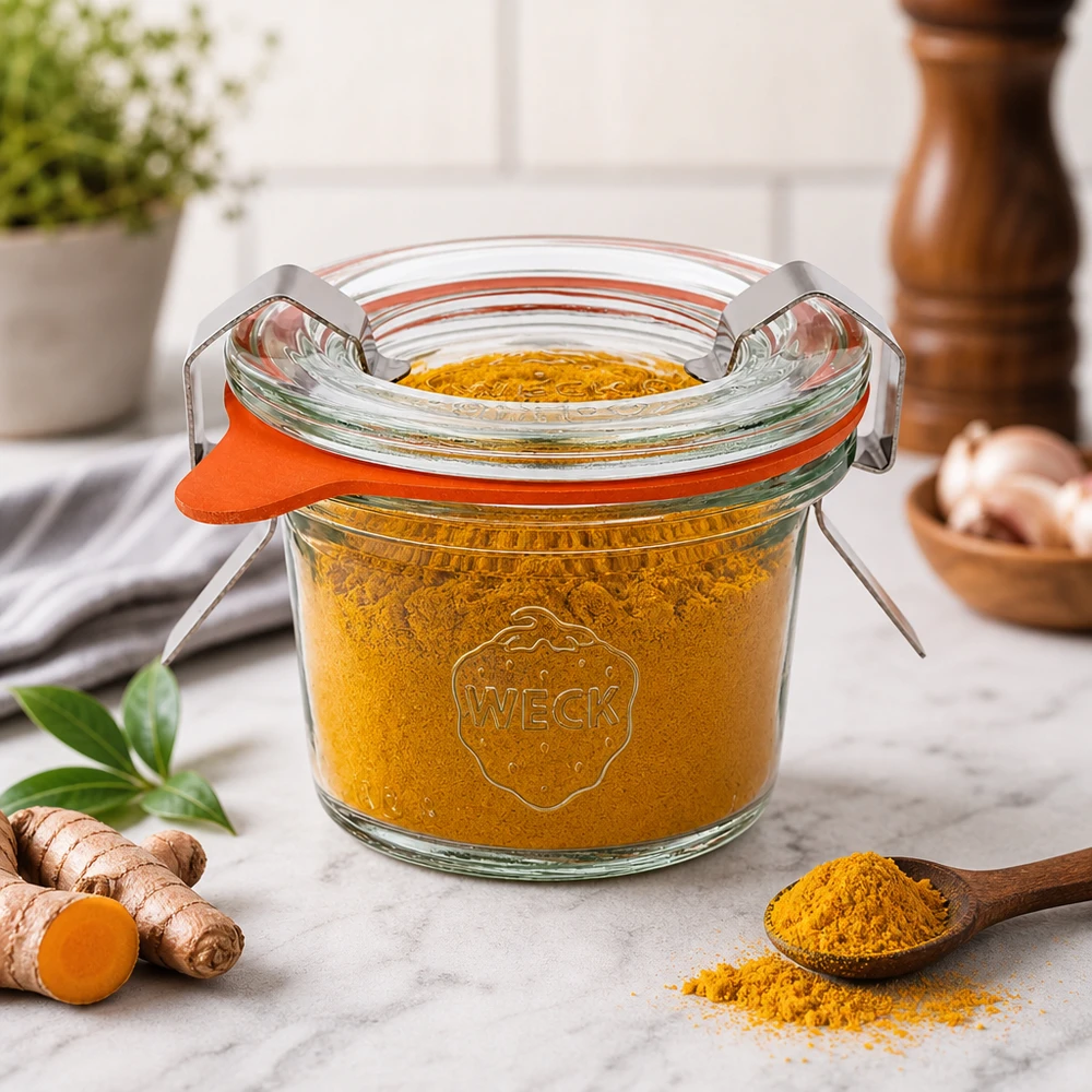 35ml Sturzglas komplett WECK RR40 WECK Sturzglas 35ml RR40 mit Kurkuma gefüllt neben frischem Ingwer zeigt Aufbewahrung von Gewürzen und Kräutern