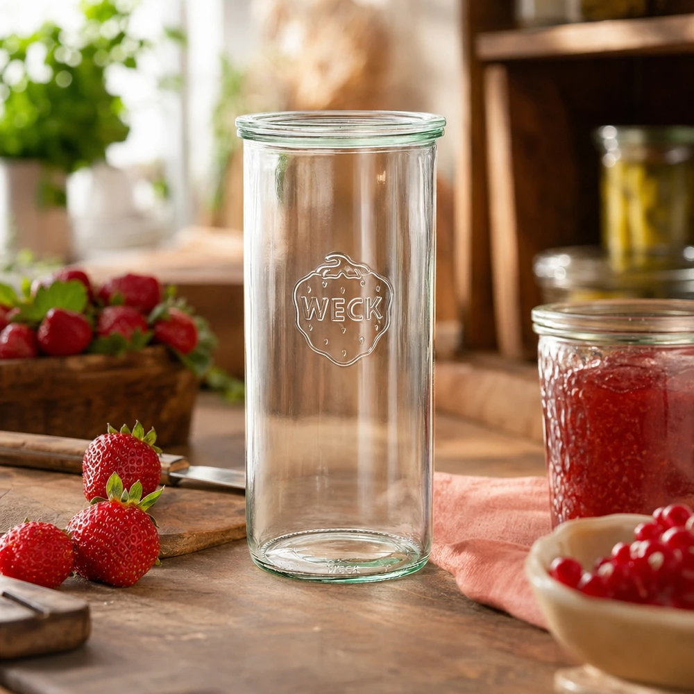 1500ml Sturzglas mit Glasdeckel WECK RR100 WECK 1500ml Sturzglas RR100 in rustikaler Küche mit frischen Erdbeeren und Marmelade als Dekoration