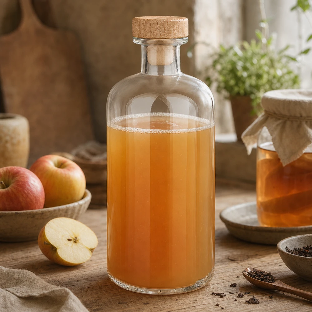 Flacone farmaceutico da 500 ml Flora con tappo in sughero con impugnatura in legno UNiTWIST® Bottiglia di vetro Flora 500ml riempita di aceto di mele tra mele fresche e spezie su tavolo di legno cucina rustica