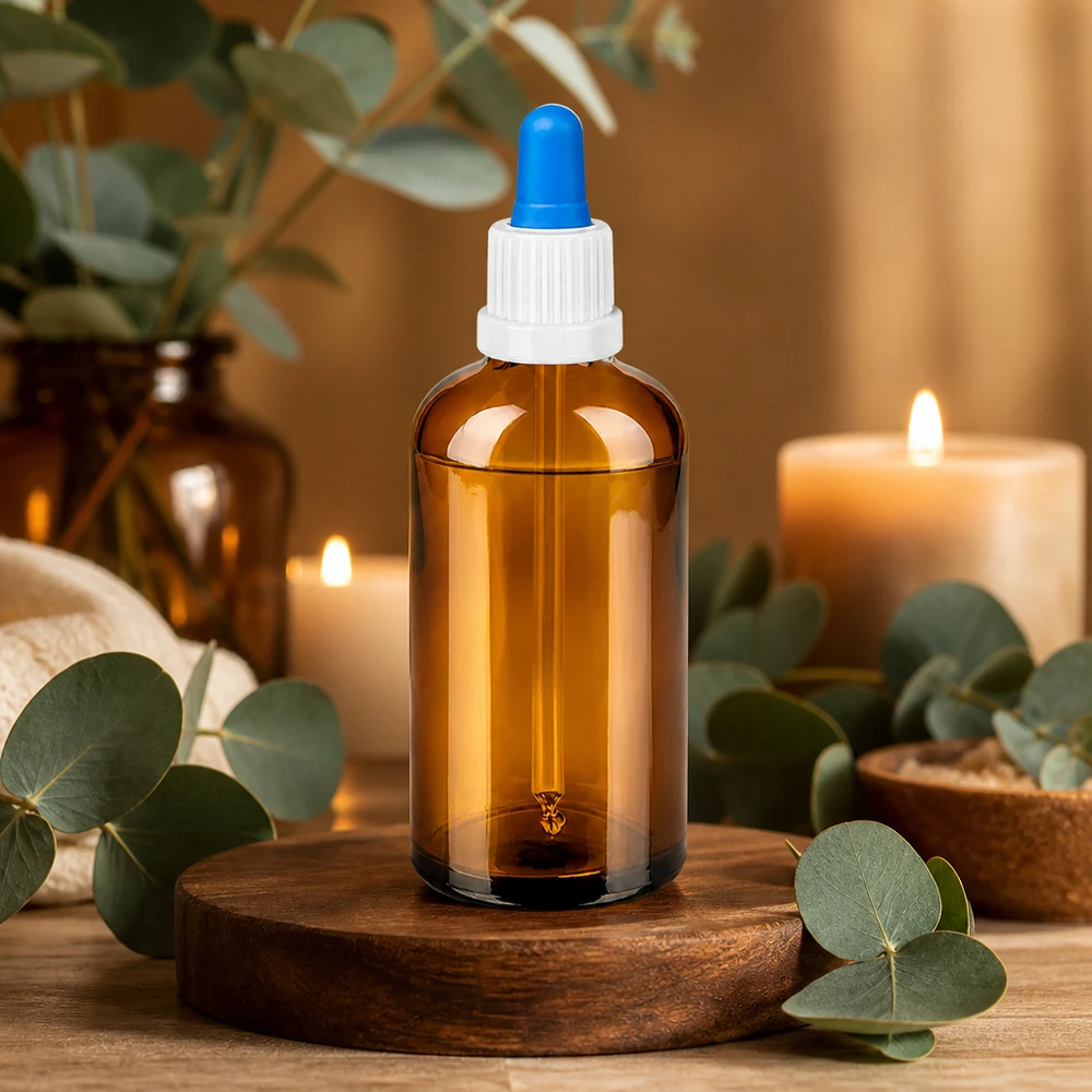 Bottiglia per pipette da 100 ml bianco/blu OV BrownLine UT18/100 Flacone dosatore da 100 ml in vetro colorato con pipetta contagocce per rimedi naturali