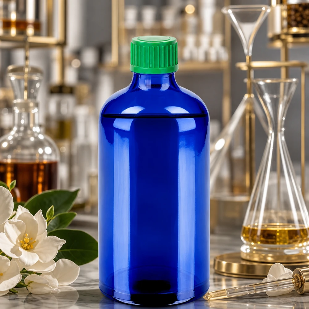 100ml Tropfflasche 0.8mm grünStandardverschluss BlueLine UT18/100 Standard Tropfflasche 100ml blau mit grünem Verschluss für Pharmazie und Kosmetikindustrie