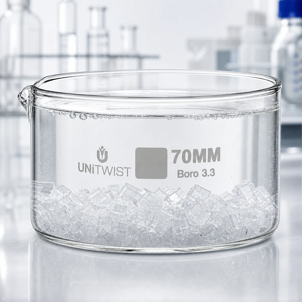 Piatto per cristallizzazione ø70mm in vetro borosilicato UNiTWIST Vaschetta di cristallizzazione UNiTWIST da 70 mm in Boro 3.3 riempita di cubetti di ghiaccio in ambiente di laboratorio
