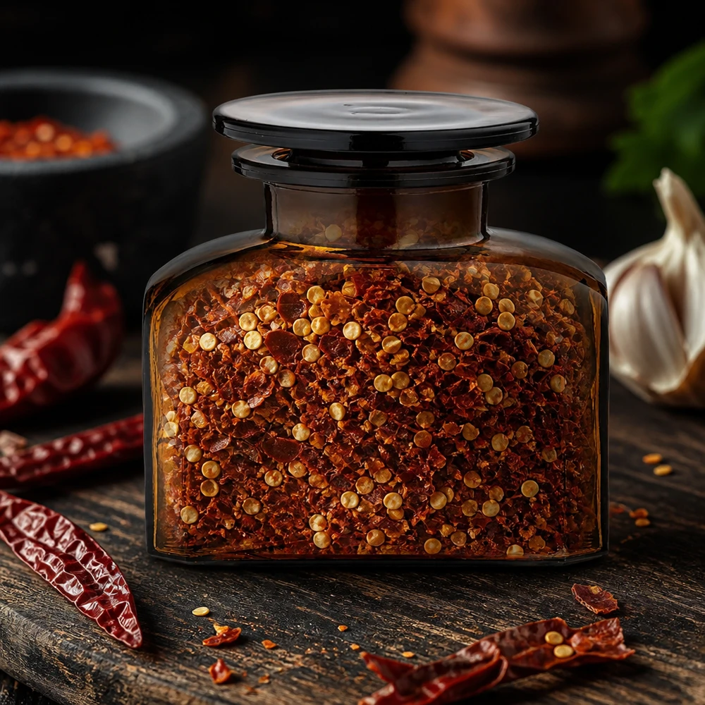 Idea barattolo per spezie: bottiglia da farmacia quadrata da 150 ml a bocca larga Elegante barattolo per spezie da 150 ml con tappo in vetro, riempito con peperoncino in scaglie e in grani