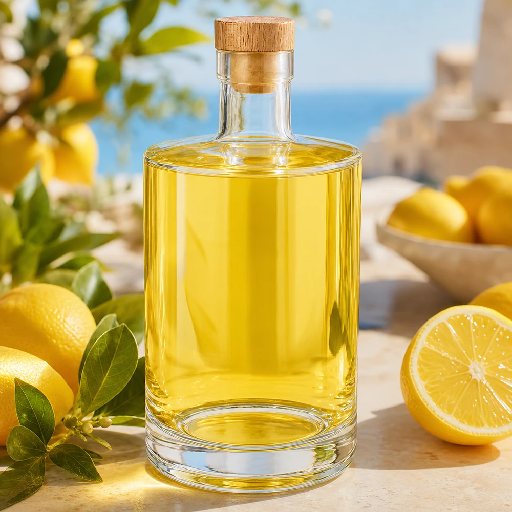Bottiglia in vetro da 700 ml Marie con tappo in sughero con impugnatura in legno UNiTWIST® Bottiglia di vetro da 700 ml di Marie con contenuto giallo e limoni disposti in modo decorativo su un tavolo di legno all'aperto