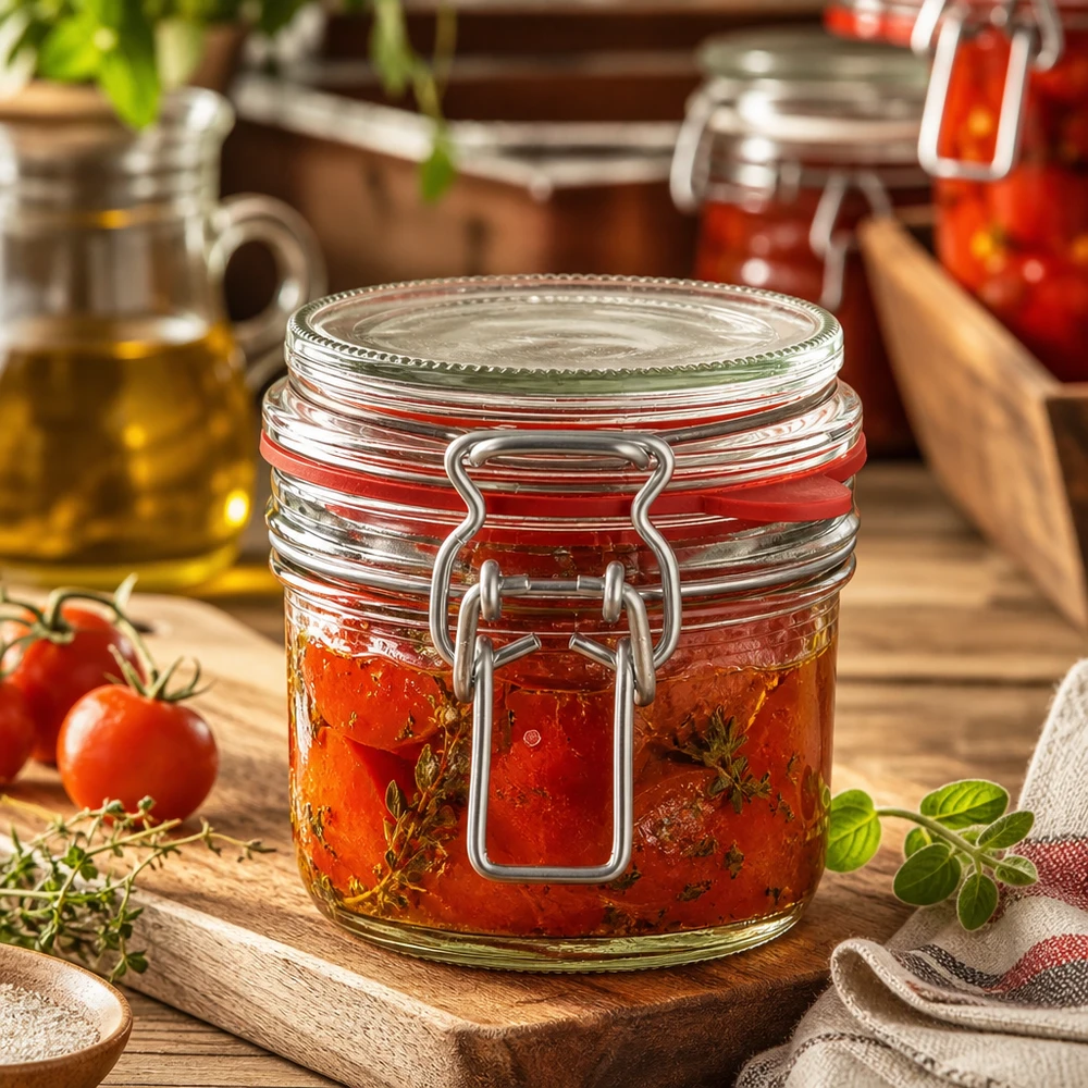 Barattolo da 255 ml, tipo G, con tappo a clip UN.. Einmachglas 255ml gefüllt mit eingelegten Tomaten und Kräutern, rustikale Küchendeko auf Holzbrett mit frischen Zutaten