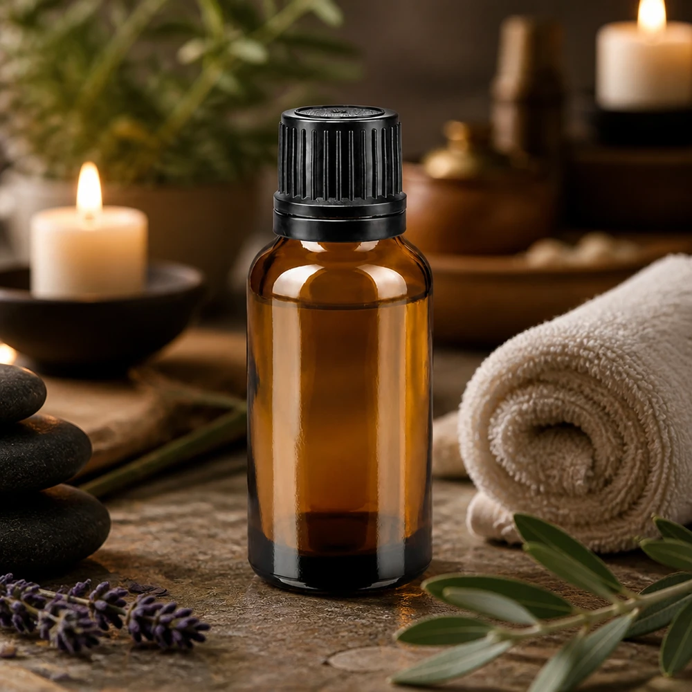 Bottiglia 20ml bre. (Glo.) Bottiglia GR OV nero/8mm ApoGlas Flacone in vetro da 20 ml color ambra con tappo nero scanalato per l'aromaterapia e l'atmosfera da spa