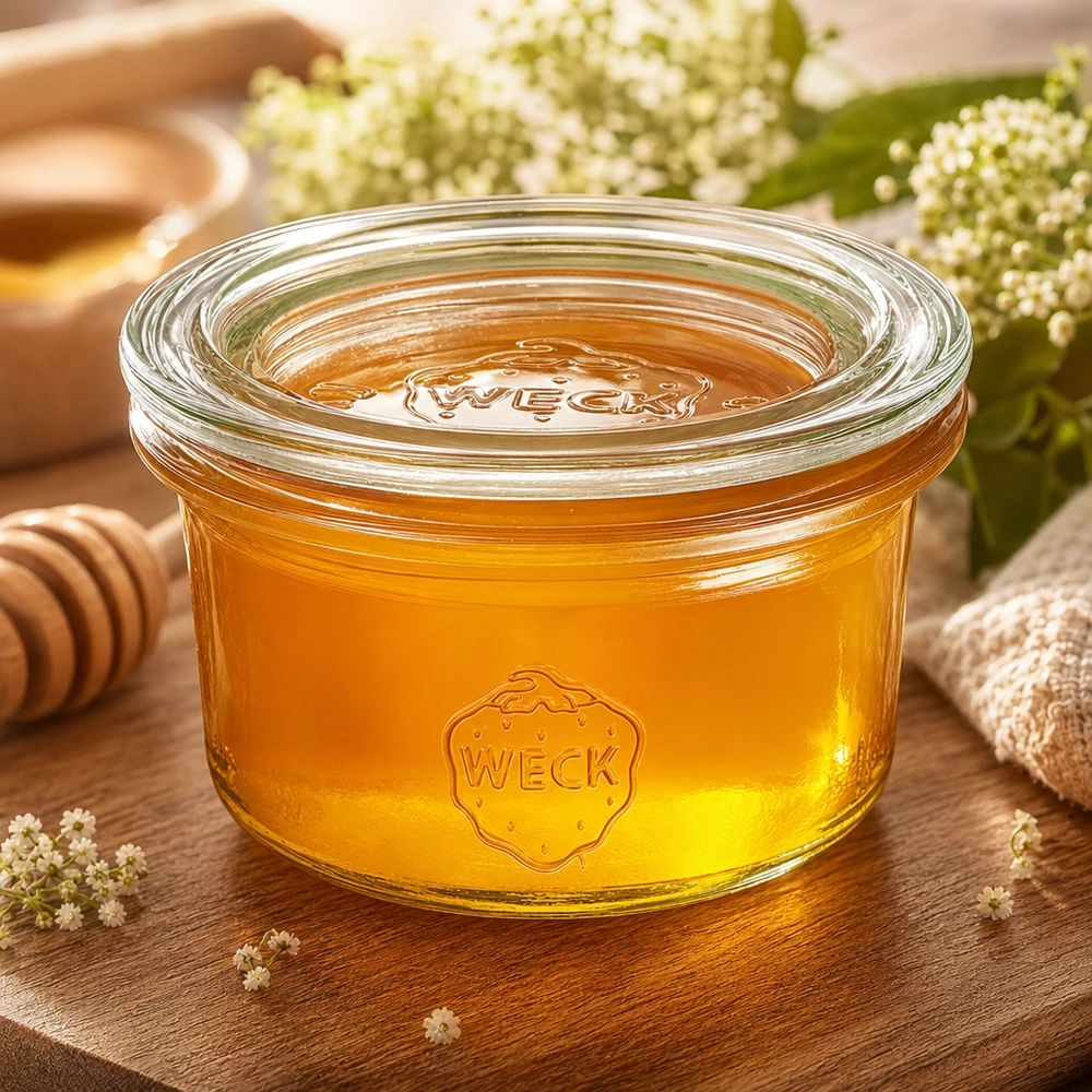 50ml Sturzglas mit Glasdeckel WECK RR60 WECK Sturzglas 50ml mit Honig gefüllt neben Honiglöffel und Blüten auf rustikalem Holztisch natürlich präsentiert