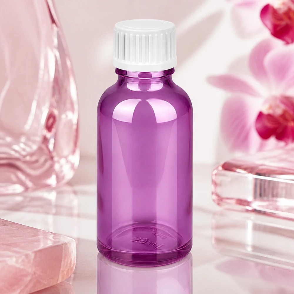 30ml (Globuli)Flasche.. 3mm Giessring weiß Standard PurpleLine. UT18/30 Premium 30ml Glasflasche in Purple für professionelle Kosmetikherstellung und Naturkosmetik