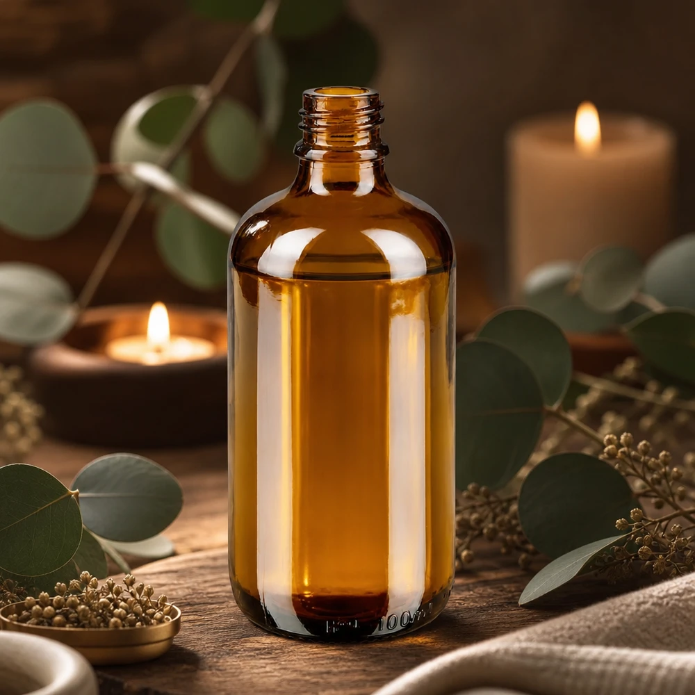 Flacon à pharmacie marron 100ml ApoGlas Bouteille de pharmacie brune ApoGlas 100ml décorée avec des huiles essentielles, de l'eucalyptus et des bougies