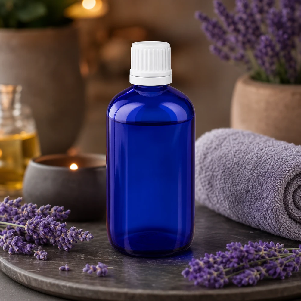 Flacon compte-gouttes ApoGlas bleu de 100 ml avec bouchon OV blanc, posé parmi des brins de lavande fraîche