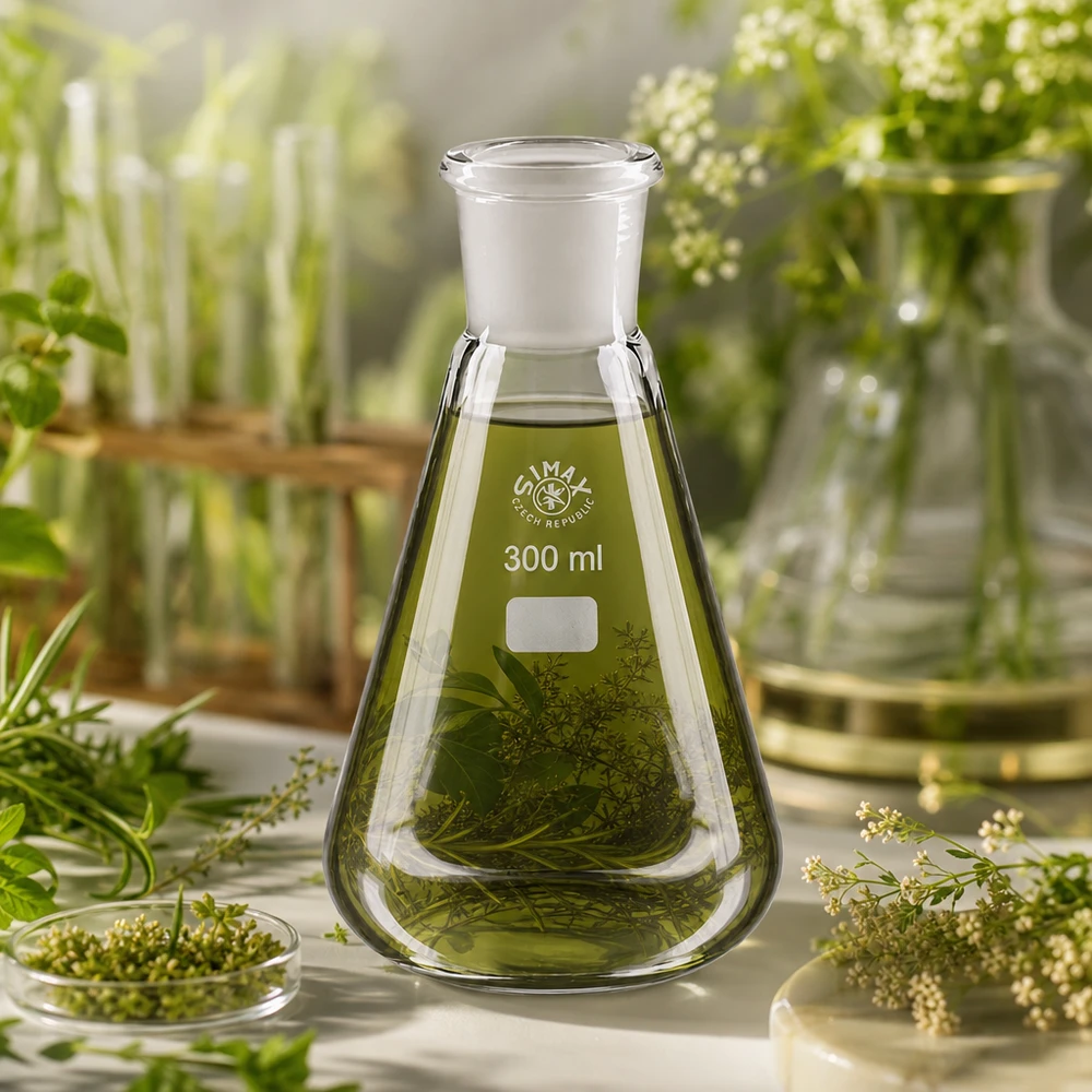 Beuta da 300 ml con giunto standard rettificato (29/32) Beuta da 300 ml rettificata 29/32 riempita di campioni botanici su una superficie bianca