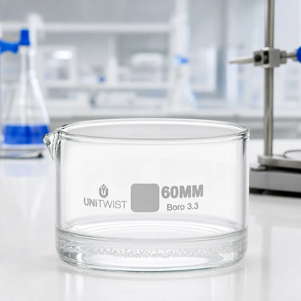 Cristallisoir ø60mm verre borosilicaté UNiTWIST Coupelle de cristallisation en verre borosilicaté 60 mm UNiTWIST Boro 3.3 sur une surface de laboratoire blanche