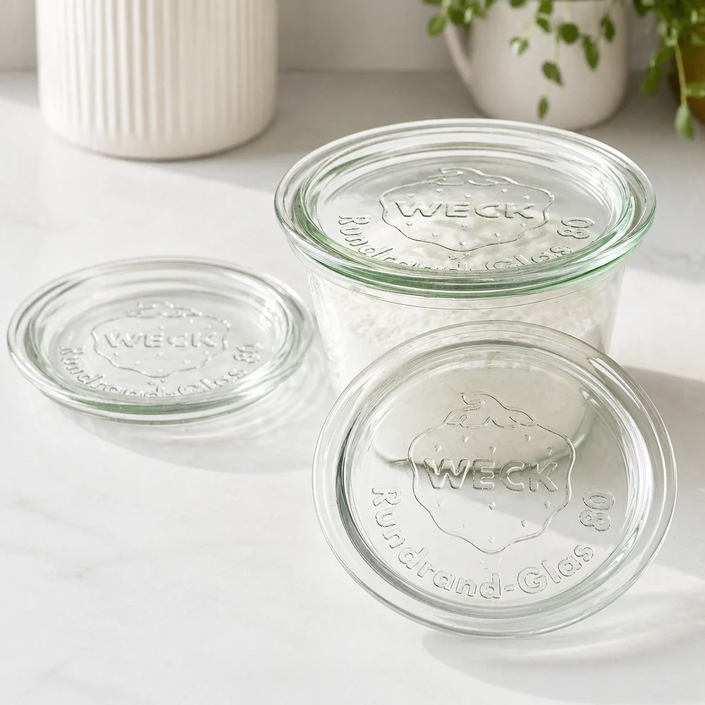 Coperchio in vetro WECK RR80 WECK Glasdeckel RR80 Set mit drei Deckeln auf weißer Oberfläche in moderner Küche für stylische Aufbewahrung