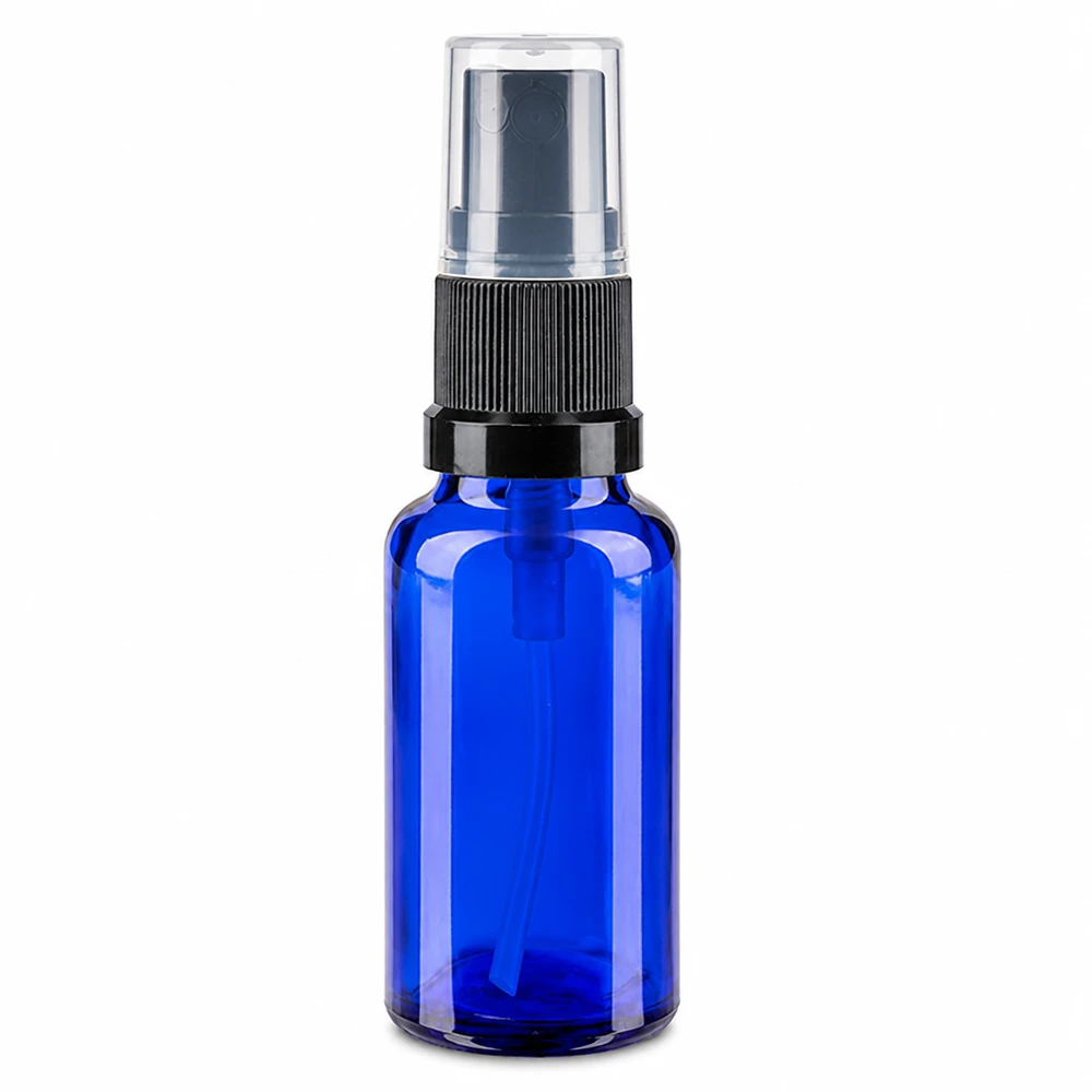 Hochwertige blaue Glasflasche 20ml mit Feinzerstäuber schwarz für ätherische Öle