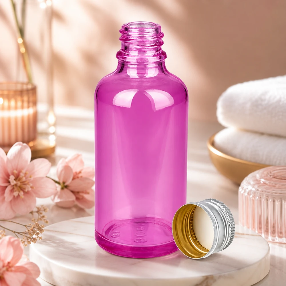 Bottiglia da 50ml tappo a vite 11mm alluminio-argento standard PurpleLine.UT18/50 Bottiglia in vetro viola da 50 ml con filettatura standard, perfetta per piccole porzioni e per i viaggi.