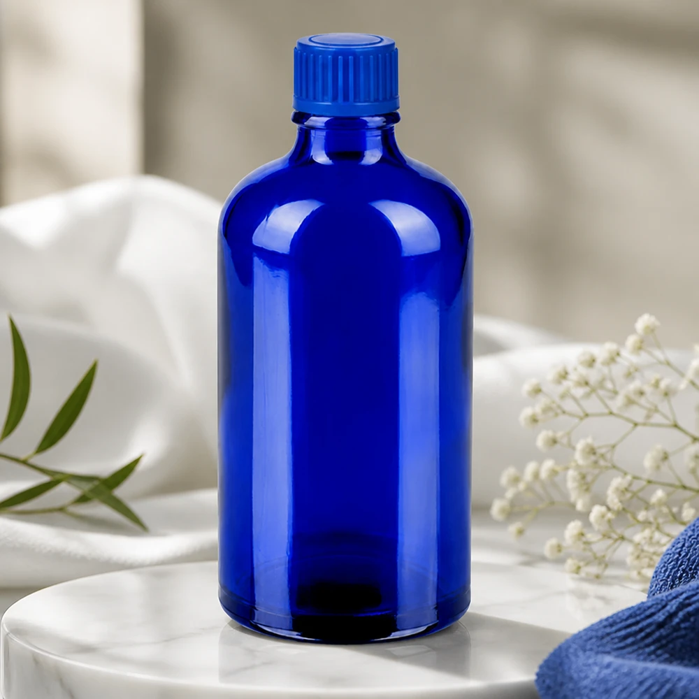 100ml Flasche 11mm Schraubverschluss blau Standard BlueLine UT18/100 Hochglänzende 100ml Blauglasflasche STD Format für anspruchsvolle Produktpräsentation