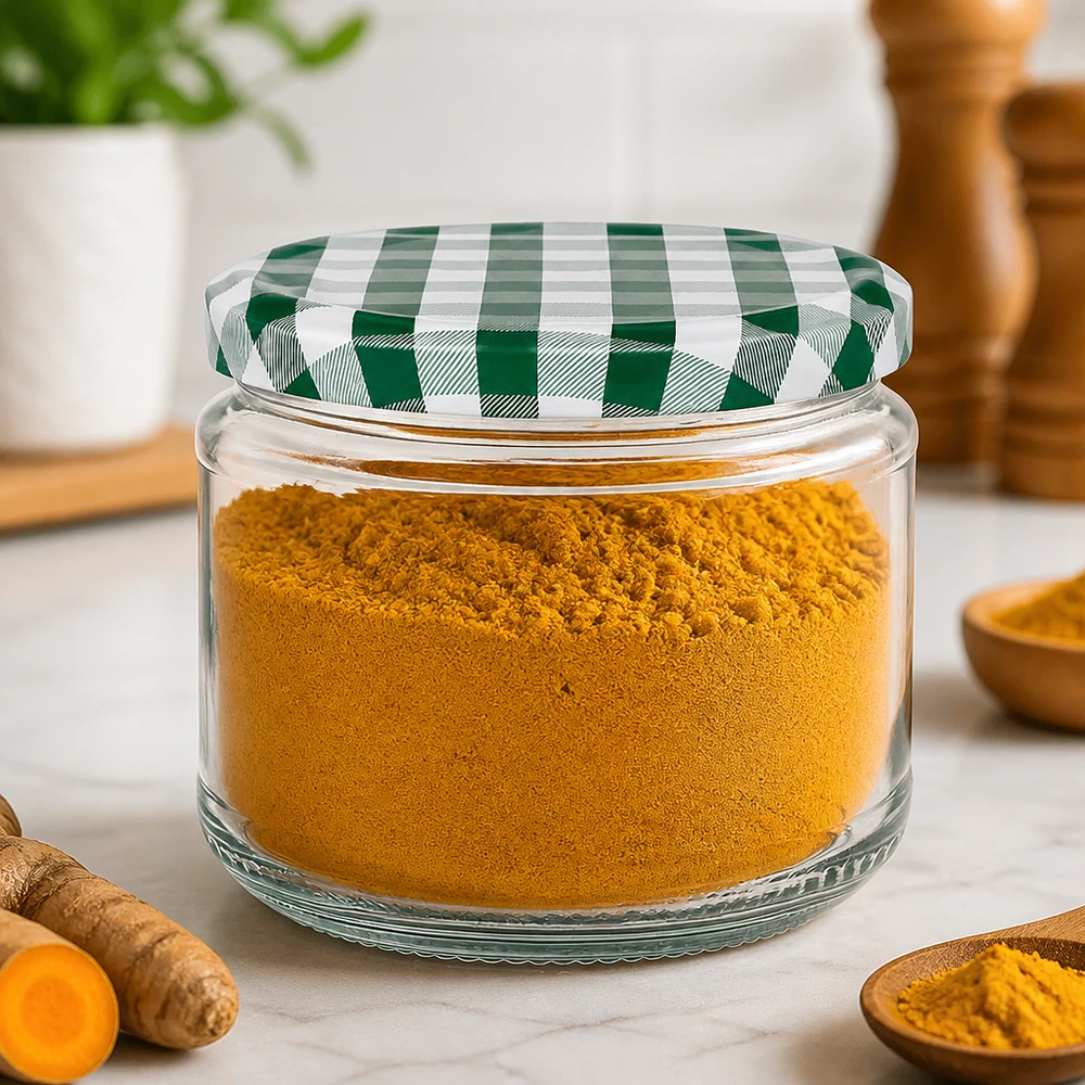 Barattolo rotondo da 330 ml pieno di curcuma in polvere, coperchio BasicSeal verde e bianco, per conservare le spezie in cucina