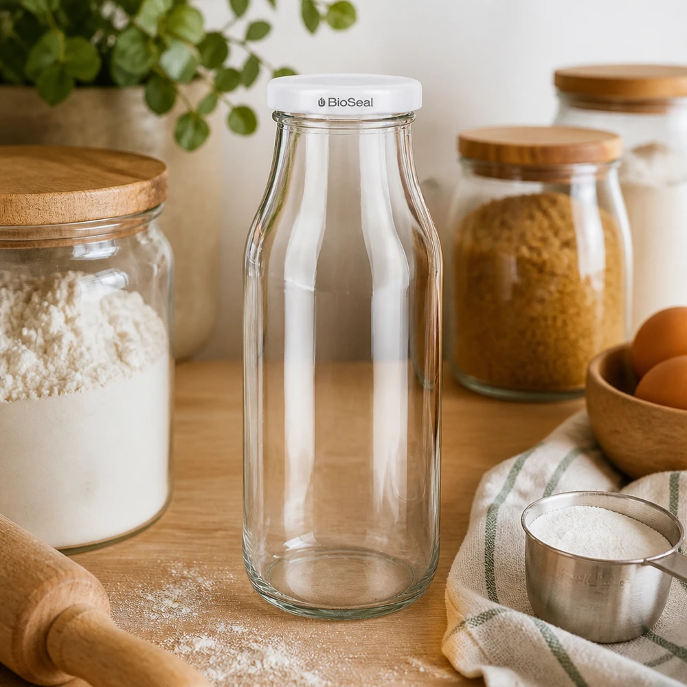 UNiTWIST Bottle263 bottiglia di vetro vuota in ambiente cucina con armadietti in legno e utensili da cucina