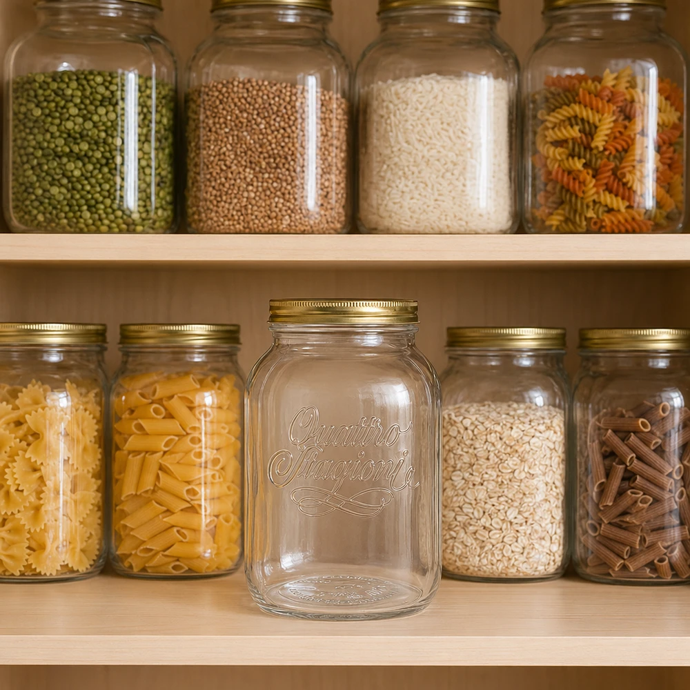3000ml Rundglas "Quattro Stagioni" mit Deckel 3000ml Quattro Stagioni Glas in organisierter Vorratsschrank mit Pasta Reis und Hülsenfrüchten zeigt praktische Aufbewah