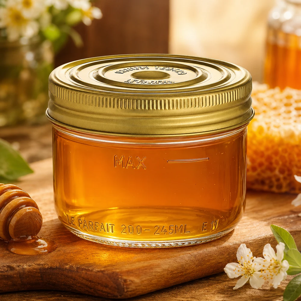 Le Parfait® Familia Wiss 200 g Ø82 mm vaso Bicchieri Familia Wiss da 245 ml con coperchio dorato riempiti di miele su una tavola di legno con cucchiaio e fiori.