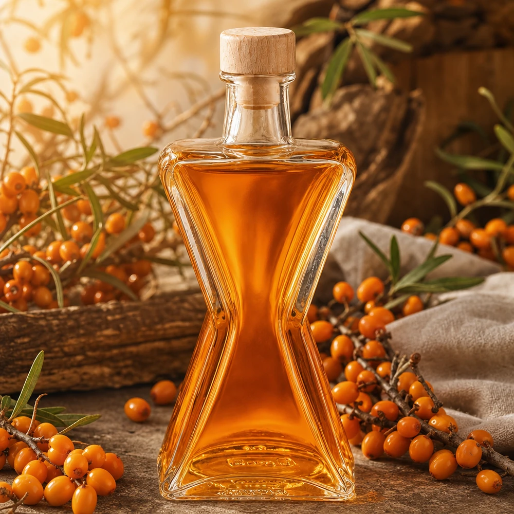 Bottiglia in vetro da 200 ml Star con tappo in sughero con impugnatura in legno UNiTWIST® 200ml Glasflasche Star mit Sanddornöl gefüllt - Holzkorken UNiTWIST perfekt für Kräuteröle und Essenzen