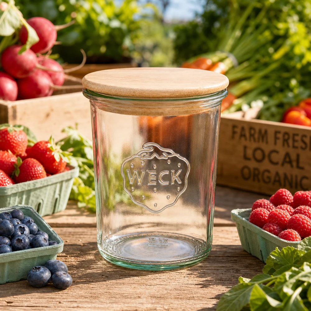 160ml Sturzglas WECK RR60 mit Holzdeckel WECK Einmachglas 160ml RR60 zwischen frischen Beeren und Gemüse auf Holztisch natürliche Küchendeko