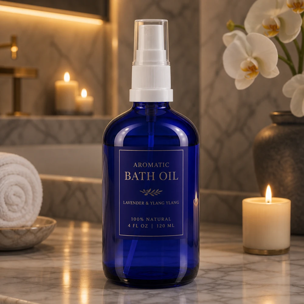 Blaues Apothekerglas 100ml mit Zerstäuberpumpe perfekt für Badezusätze und Pflegeprodukte