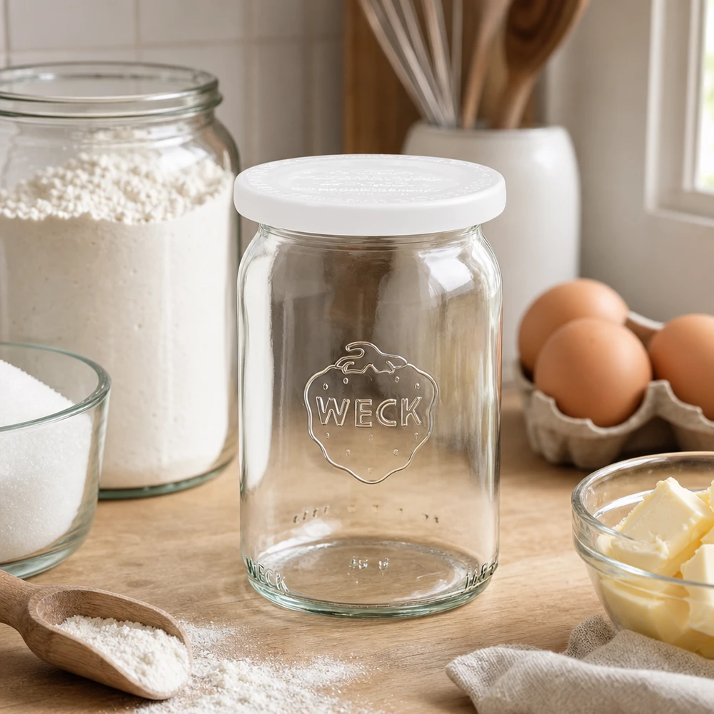 Barattolo cilindrico da 145 ml con coperchio salvafreschezza. WECK RR40 WECK RR40 barattolo cilindrico 145ml con coperchio bianco su tavola di legno accanto a ingredienti da forno come uova, farina e burro