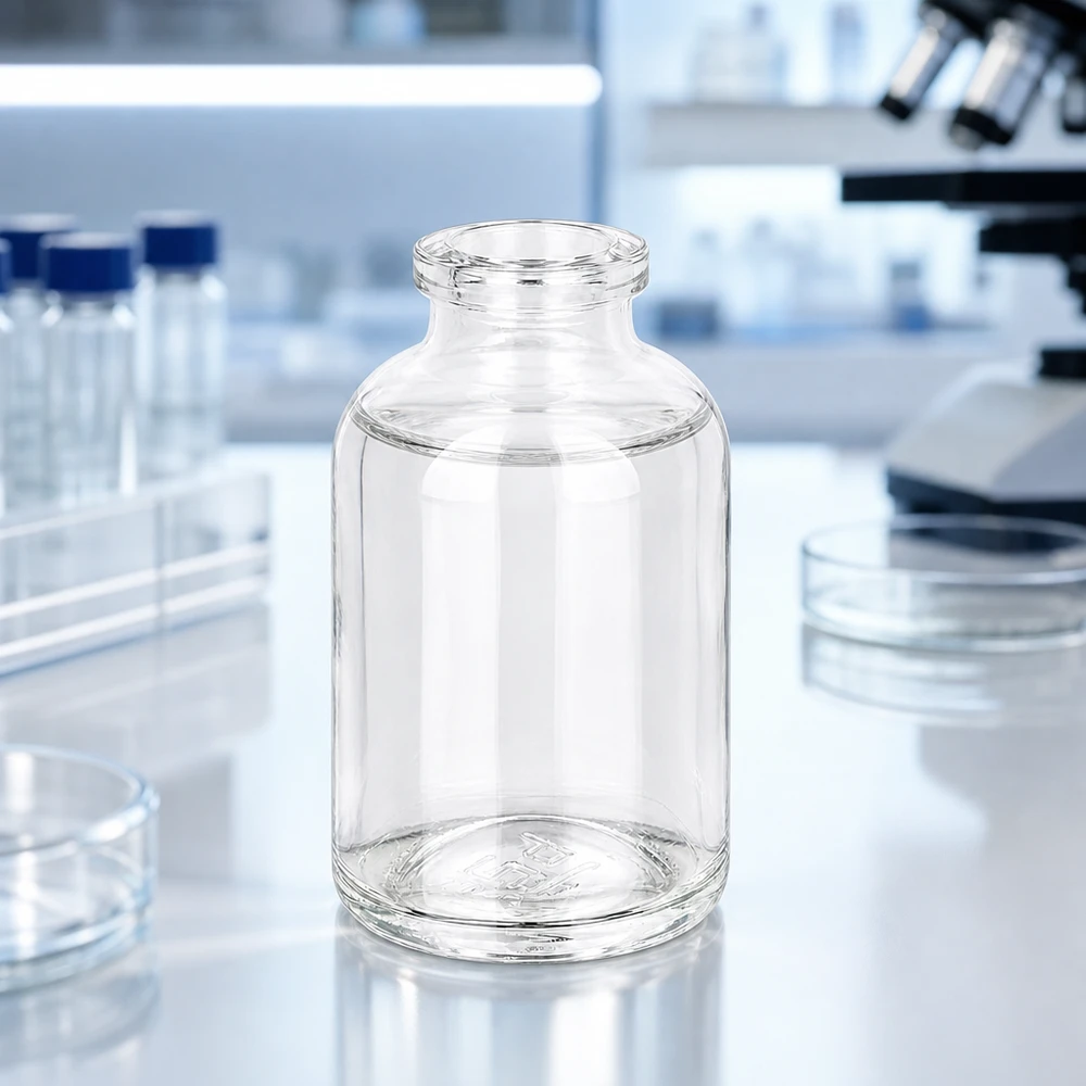 Injektionsflasche Klarglas 50ml Kleines 50ml Laborgefäß aus Klarglas neben Petrischalen und Reagenzgläsern