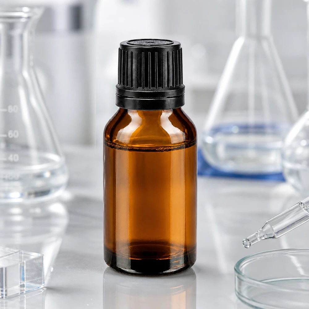Bouteille de pharmacie brune 15ml bouchon vissable noir bouchon inviolabilité Flacon en verre ambré de 15 ml muni d'un bouchon à vis noir et d'un anneau verseur, utilisé en milieu de laboratoire
