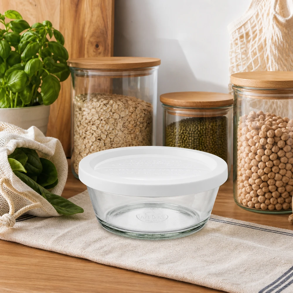 Barattolo gourmet da 300ml con friscia. WECK RR120 WECK RR120 Gourmetglas 300ml mit weißem Deckel in natürlicher Küchenumgebung mit Kräutern und Vorratsgläsern