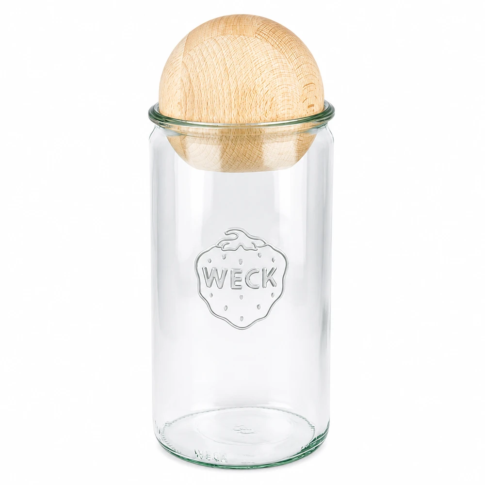 Vaso cilindrico da 1590 ml WECK RR100 con sfera in legno di faggio Barattolo cilindrico WECK 1590ml RR100 con sfera in legno di faggio come chiusura sostenibile per la conservazione