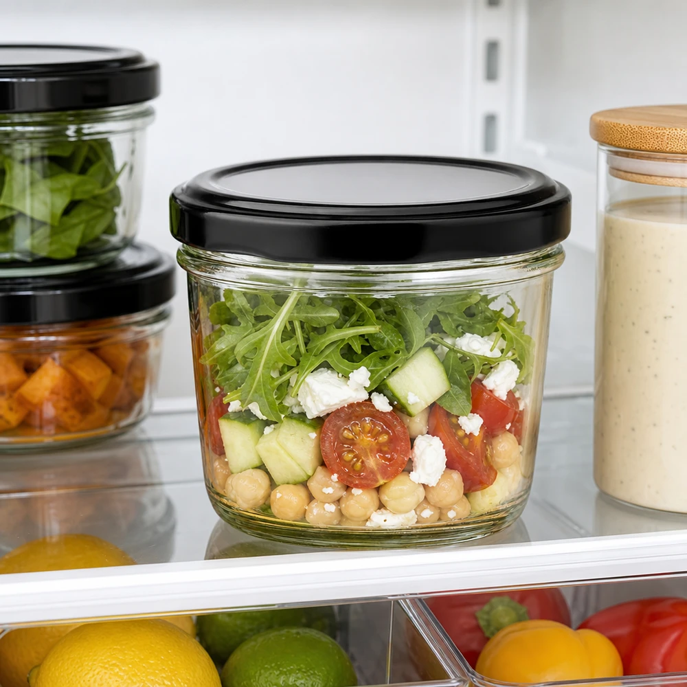 230ml Sturzglas mit BasicSeal Deckel schwarz UNiTWIST 230ml Sturzglas mit schwarzem Deckel im Kühlschrank gefüllt mit frischem Salat zeigt optimale Frischhaltung