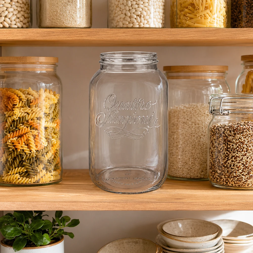 Vaso domestico "Quattro Stagioni" da 3800 ml Quattro Stagioni vaso domestico 3800ml vuoto in cucina tra vasi pieni su scaffale in legno