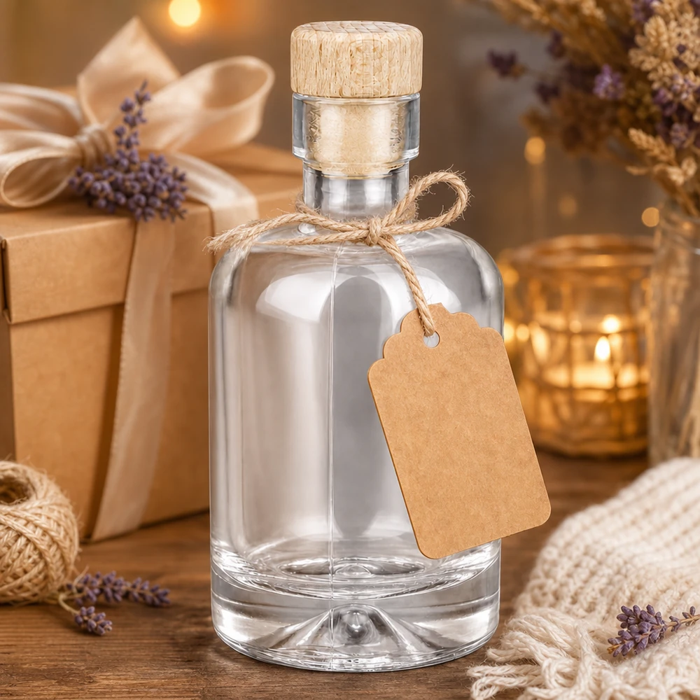 Bottiglia di vetro da 50 ml Amelie come set regalo decorato con ciondolo in carta kraft alla lavanda e calda luce di candela