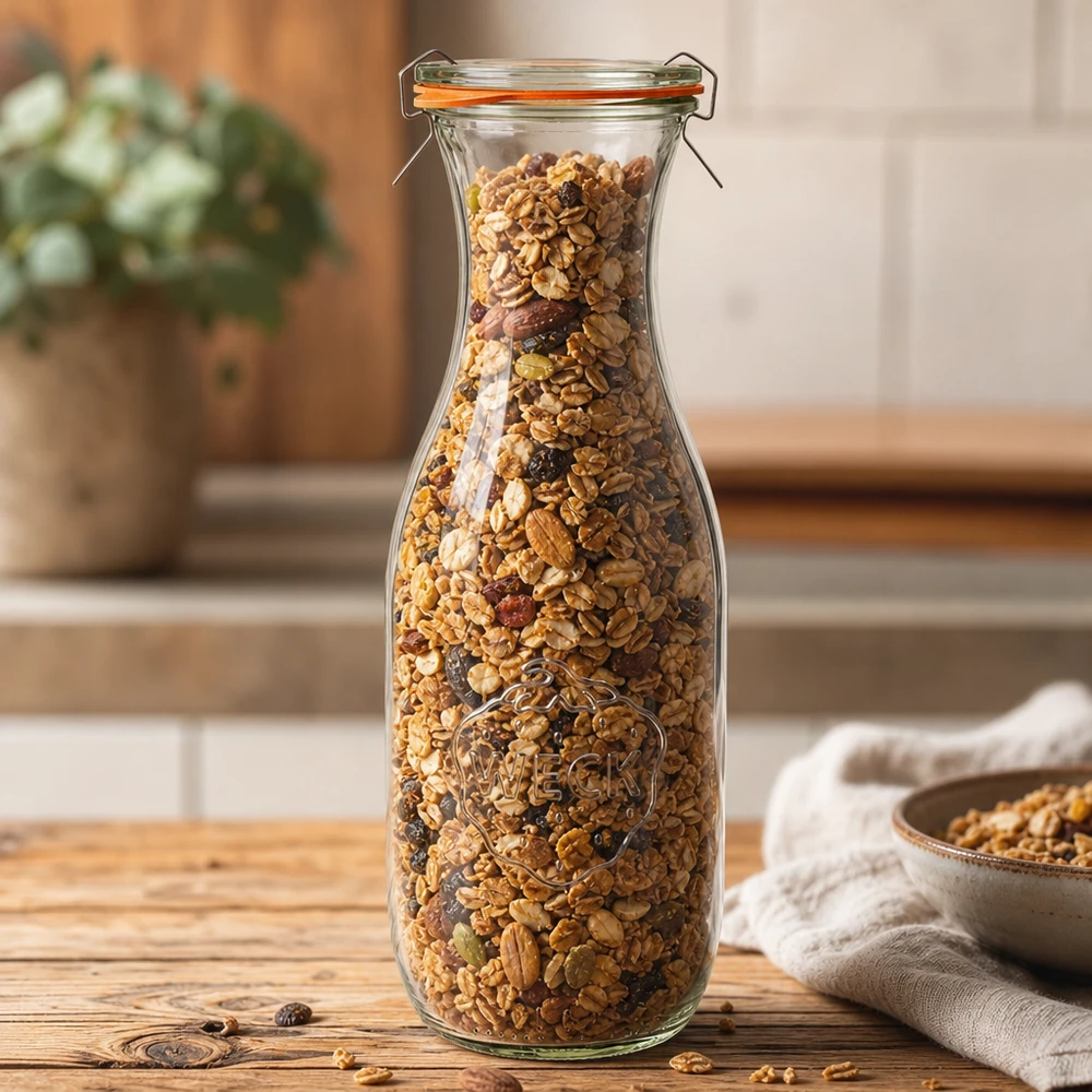 Bottiglia per succhi da 1062 ml, set completo WECK RR60 Bottiglia di succo WECK 1062ml RR60 riempita con noci di muesli presentata come barattolo di conservazione in una calda atmosfera da cucina