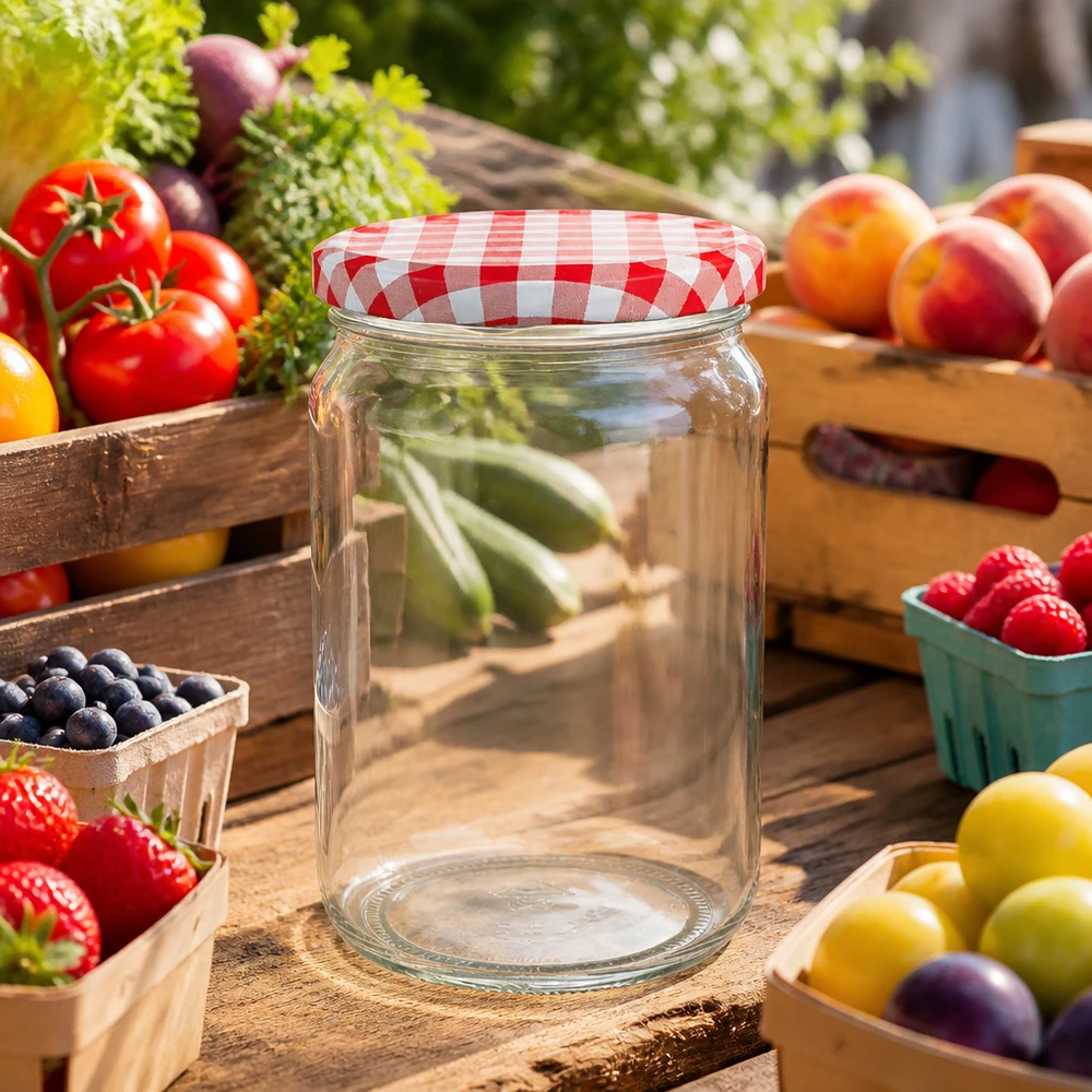 Vaso rotondo da 795 ml con coperchio a scacchi rossi e bianchi tra frutta e verdura fresca su un tavolo di legno in giardino