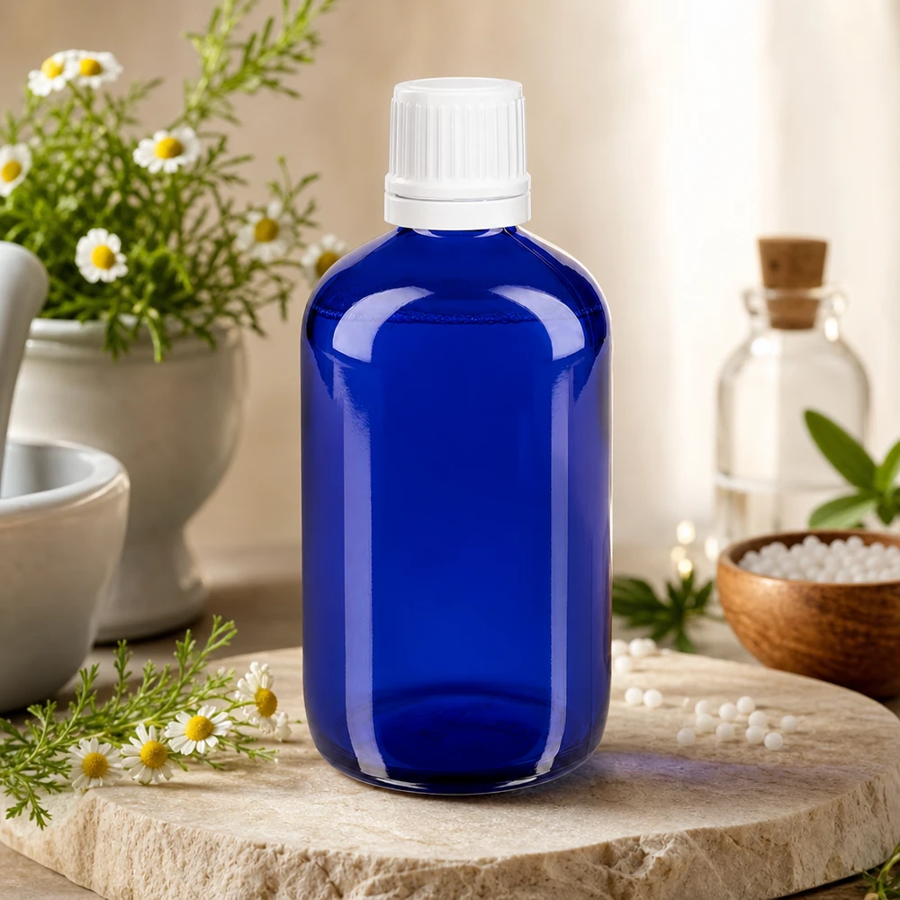 Apothekenflasche blau 100ml Schraubverschluss weiß Originalitätsverschluss Apothekerflasche 100ml Kobaltblau mit kindersicherem Weißdeckel neben Mörser und Glasflakon