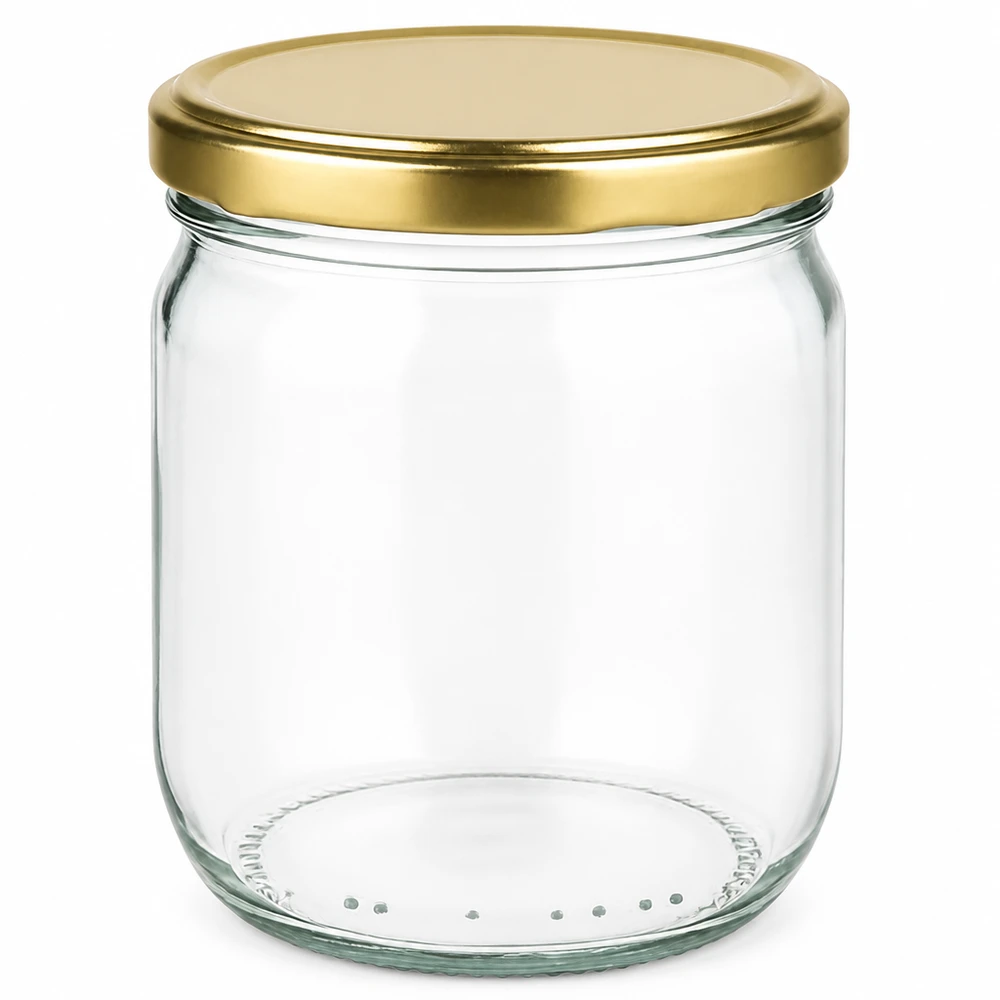 Barattolo di vetro rotondo da 425 ml con coperchio BasicSeal oro UNiTWIST Barattolo rotondo da 425 ml con coperchio BasicSeal dorato UNiTWIST - barattolo da conserva vuoto in vetro trasparente con tappo a vite
