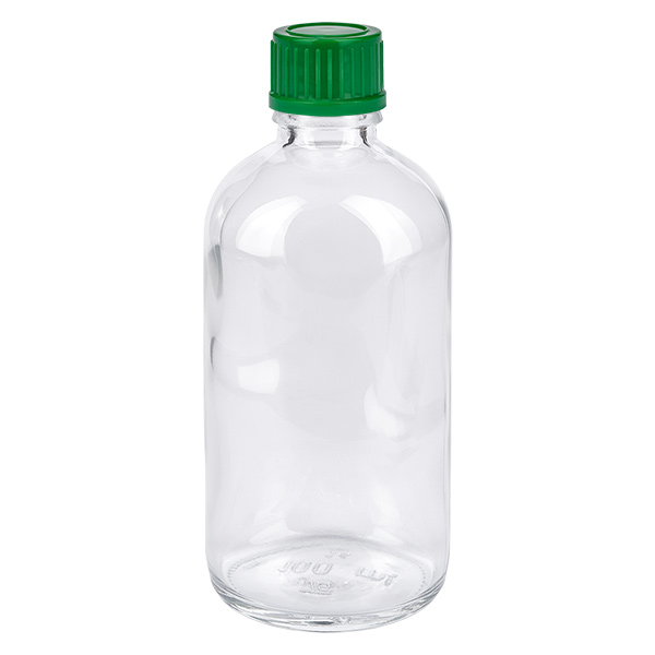 Bottiglia da 100ml 11mm SV verde STD ClearLine UT18/100 Flacone in vetro trasparente da 100 ml con tappo a vite verde da 11 mm ClearLine UT18/100