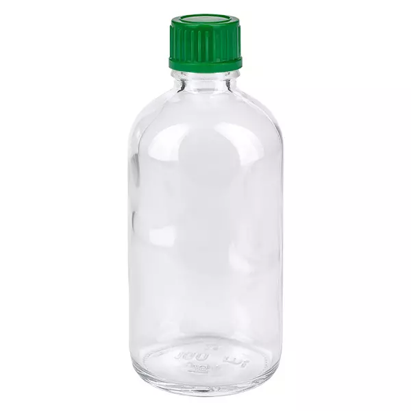 Flacon en verre transparent de 100 ml avec bouchon à vis vert, 11 mm, ClearLine UT18/100