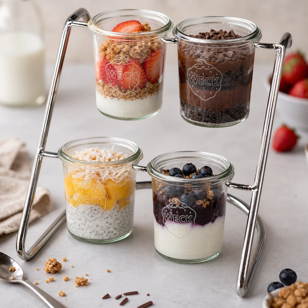 Présentoir Flato4 pour 4 bocaux WECK Serviergestell Flato4 mit bunten Desserts in WECK Gläsern - Joghurt, Beeren und Granola appetitlich präsentiert