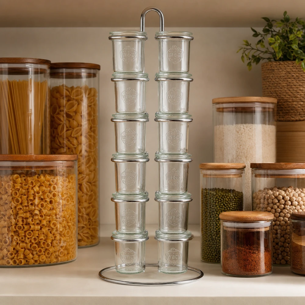 Portabottiglie Vertico12 per 12 tumbler WECK Organizzazione della dispensa con la rastrelliera WECK Vertico12 tra i barattoli con pasta, riso, legumi e spezie