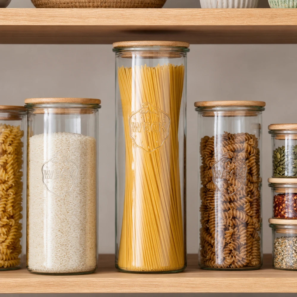 1500ml Sturzglas WECK RR100 mit Holzdeckel WECK Vorratsglas 1500ml RR100 mit Holzdeckel für Spaghetti Reis Nudeln perfekte Küchenorganisation Pantry